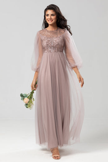 Sequins Dusty Blue Bridesmaid Dress with Long Sleeves