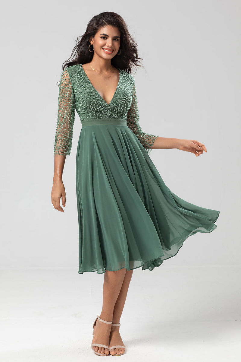 Load image into Gallery viewer, Beaded Eucalyptus Bridesmaid Dress with Sleeves