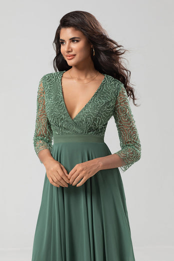 Beaded Eucalyptus Bridesmaid Dress with Sleeves