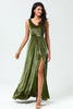 Load image into Gallery viewer, Velvet Olive V-Neck Bridesmaid Dress with Slit