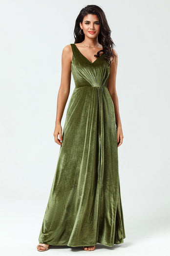 Velvet Olive V-Neck Bridesmaid Dress with Slit