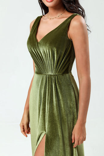 Velvet Olive V-Neck Bridesmaid Dress with Slit