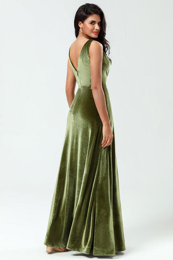 Velvet Olive V-Neck Bridesmaid Dress with Slit