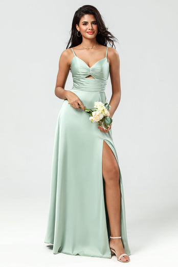 Spaghetti Straps Matcha Bridesmaid Dress with Slit