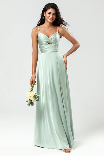 Spaghetti Straps Matcha Bridesmaid Dress with Slit