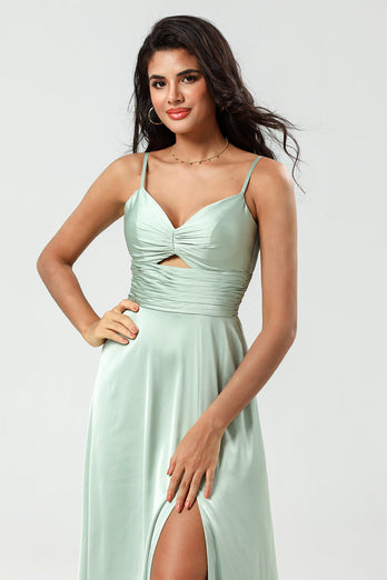 Spaghetti Straps Matcha Bridesmaid Dress with Slit