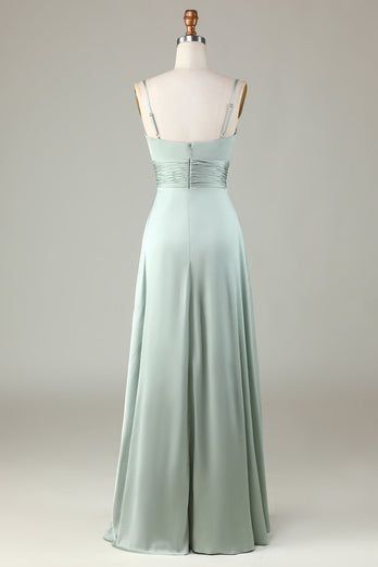 Keyhole Spaghetti Straps Matcha Bridesmaid Dress with Slit