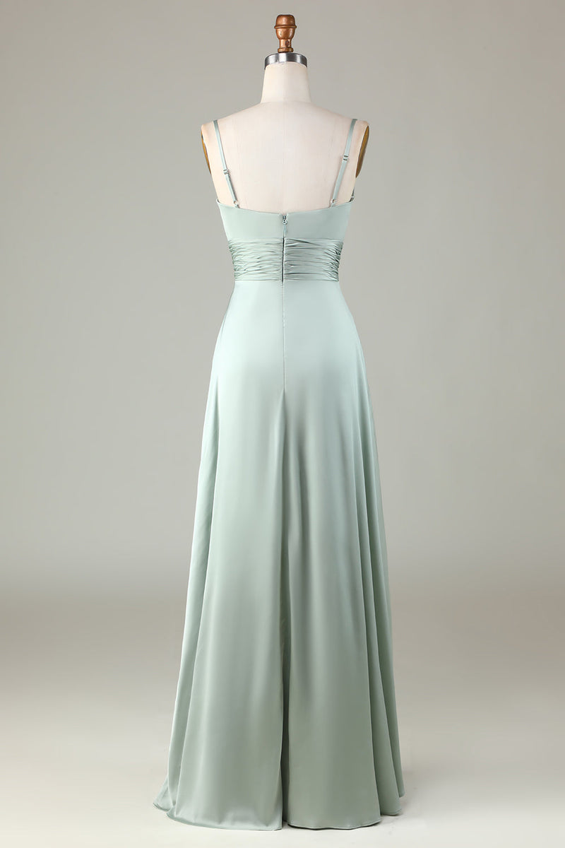 Load image into Gallery viewer, Keyhole Spaghetti Straps Matcha Bridesmaid Dress with Slit