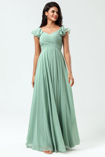 Chiffon A-Line Matcha Bridesmaid Dress with Ruffles