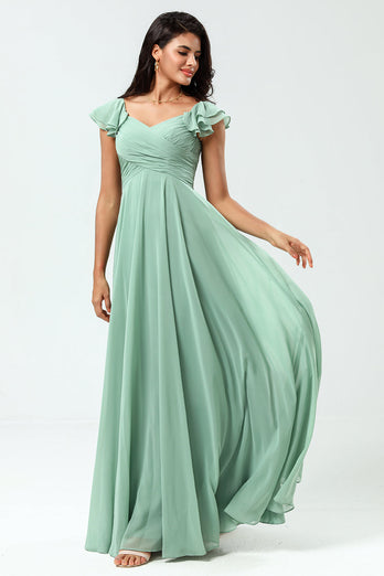 Chiffon A-Line Matcha Bridesmaid Dress with Ruffles