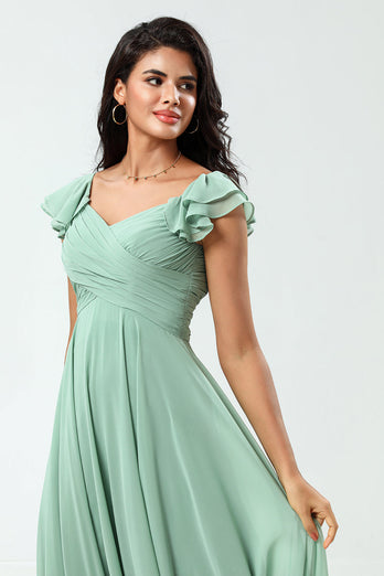 Chiffon A-Line Matcha Bridesmaid Dress with Ruffles