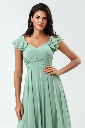 Chiffon A-Line Matcha Bridesmaid Dress with Ruffles