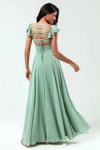 Chiffon A-Line Matcha Bridesmaid Dress with Ruffles