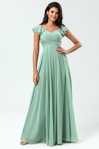 Chiffon A-Line Matcha Bridesmaid Dress with Ruffles