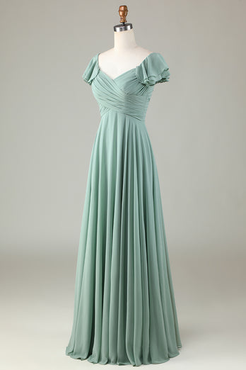 Lace-Up Back Matcha Bridesmaid Dress with Ruffles