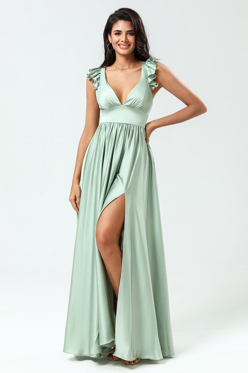 Load image into Gallery viewer, A-Line V-Neck Matcha Bridesmaid Dress with Ruffles