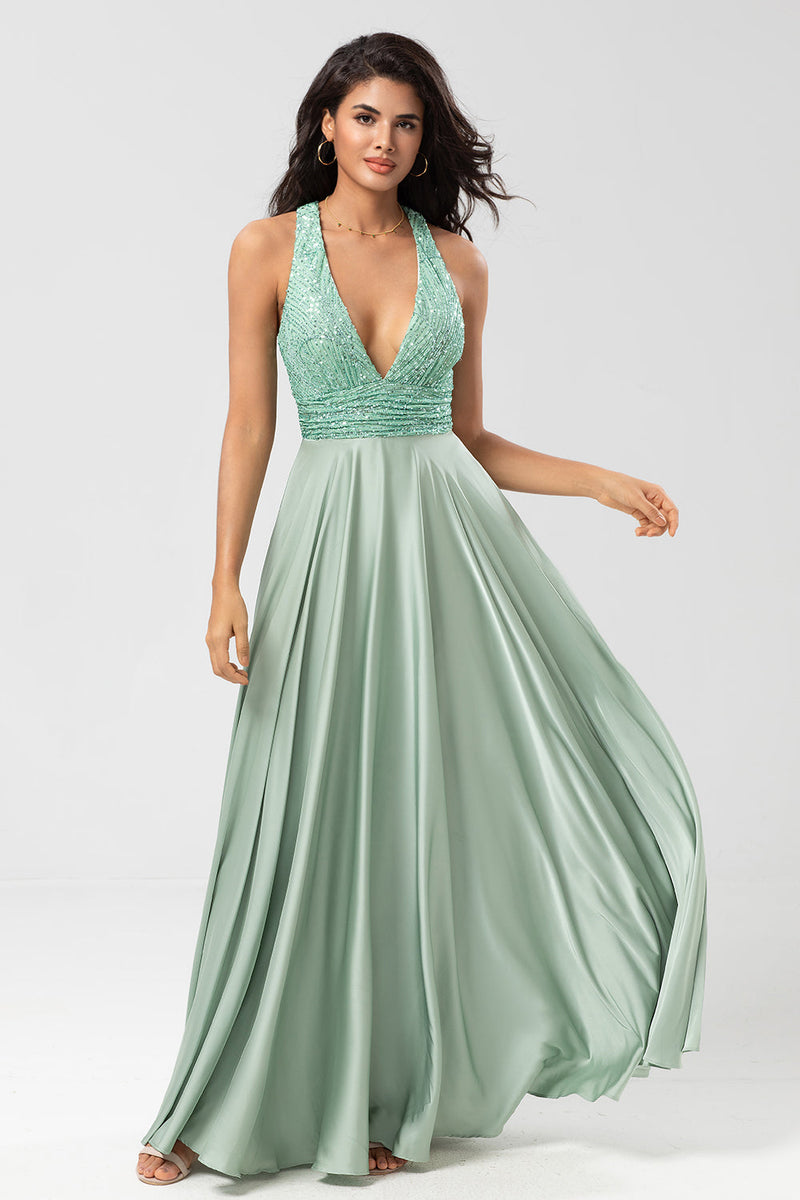 Load image into Gallery viewer, A-Line Deep V-Neck Matcha Bridesmaid Dress with Sequins