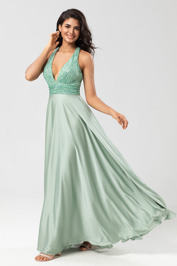 A-Line Deep V-Neck Matcha Bridesmaid Dress with Sequins