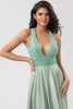 Load image into Gallery viewer, A-Line Deep V-Neck Matcha Bridesmaid Dress with Sequins