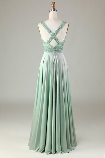 Sparkly V-Neck Matcha Bridesmaid Dress with Sequins