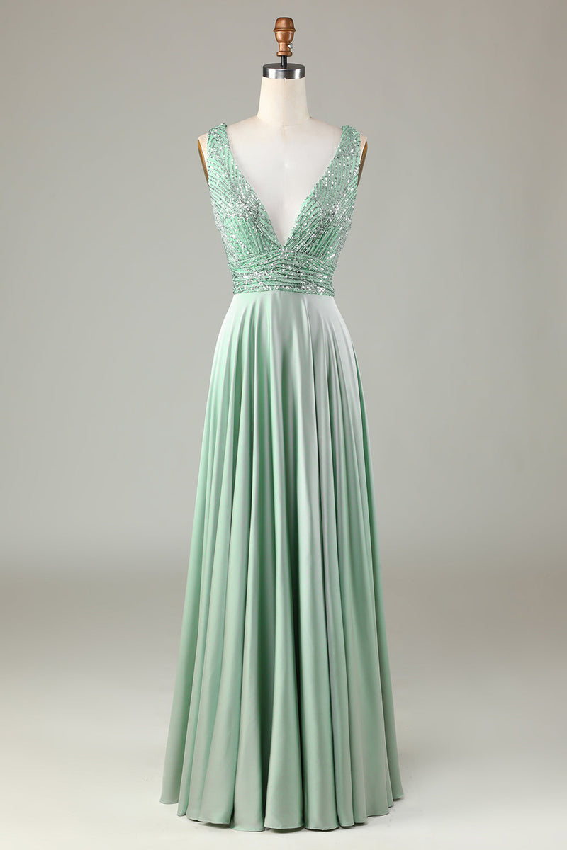 Load image into Gallery viewer, Sparkly V-Neck Matcha Bridesmaid Dress with Sequins