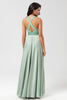 Load image into Gallery viewer, A-Line Deep V-Neck Matcha Bridesmaid Dress with Sequins