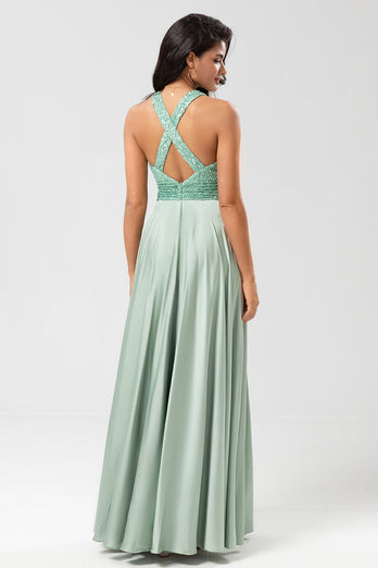 A-Line Deep V-Neck Matcha Bridesmaid Dress with Sequins