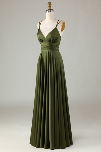 A-Line Sleeveless Olive Long Bridesmaid Dress