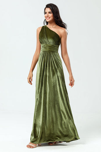 Velvet One Shoulder Olive Bridesmaid Dress