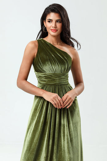 Velvet One Shoulder Olive Bridesmaid Dress