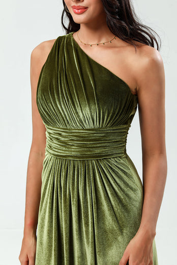 Velvet One Shoulder Olive Bridesmaid Dress