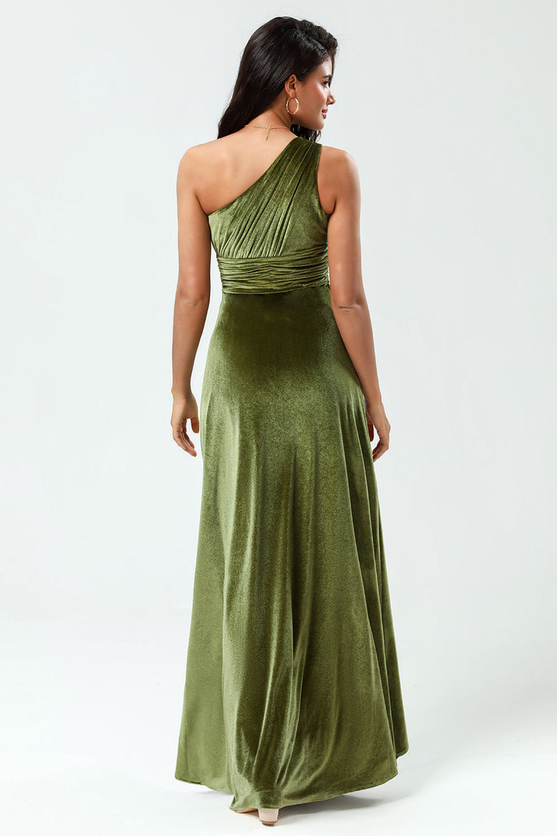 Load image into Gallery viewer, Velvet One Shoulder Olive Bridesmaid Dress