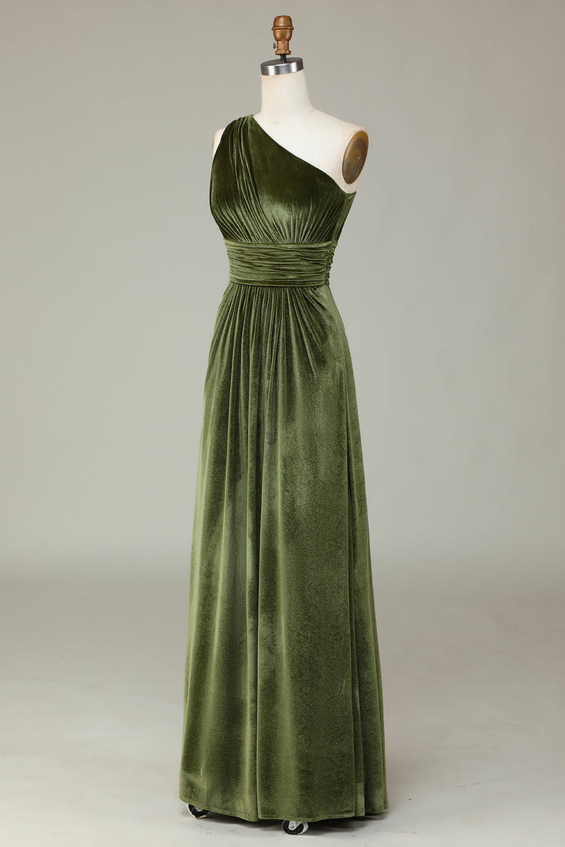 Load image into Gallery viewer, Velvet One Shoulder Olive Bridesmaid Dress