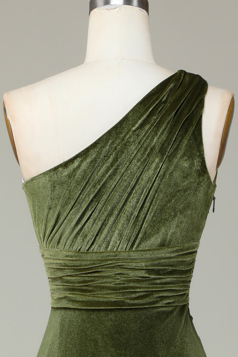 Load image into Gallery viewer, Velvet One Shoulder Olive Bridesmaid Dress