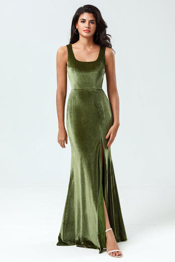 Velvet Mermaid Sleeveless Olive Bridesmaid Dress with Slit