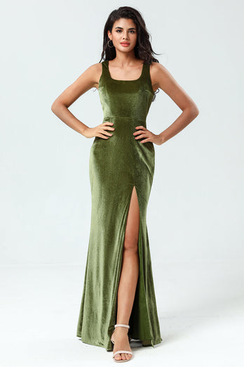 Velvet Mermaid Sleeveless Olive Bridesmaid Dress with Slit