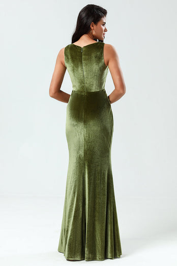 Velvet Mermaid Sleeveless Olive Bridesmaid Dress with Slit