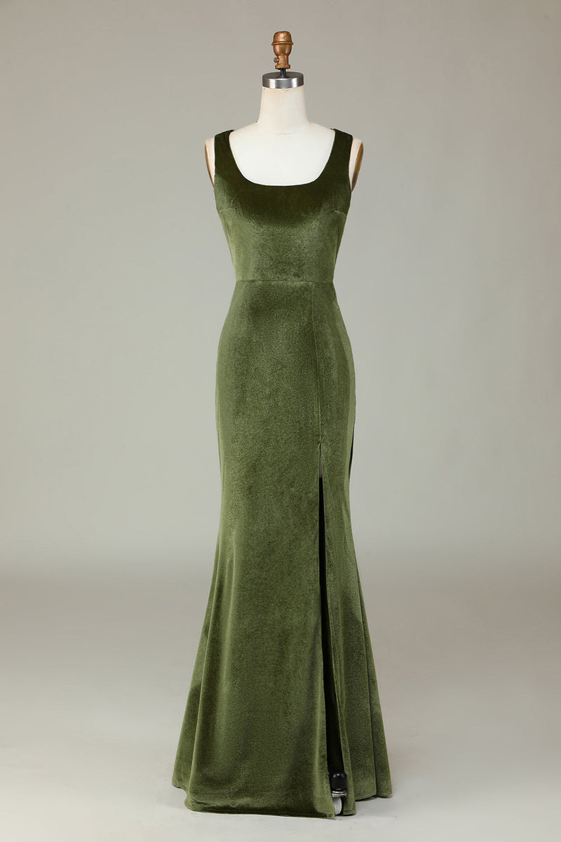 Load image into Gallery viewer, Velvet Mermaid Olive Bridesmaid Dress with Slit