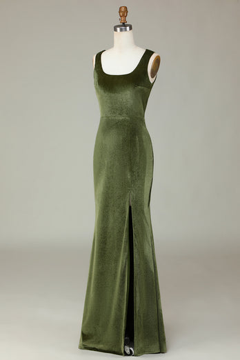 Velvet Mermaid Olive Bridesmaid Dress with Slit