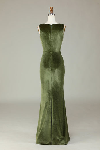 Velvet Mermaid Olive Bridesmaid Dress with Slit