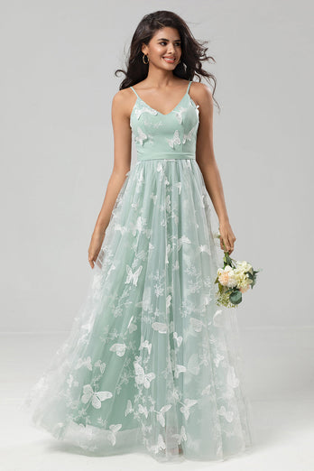 Spaghetti Straps Matcha Bridesmaid Dress with Appliques