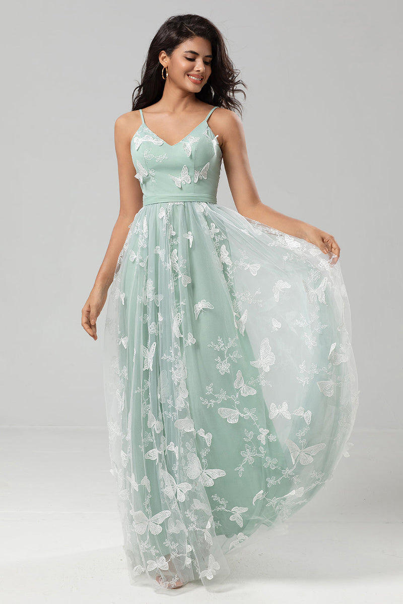 Load image into Gallery viewer, Spaghetti Straps Matcha Bridesmaid Dress with Appliques