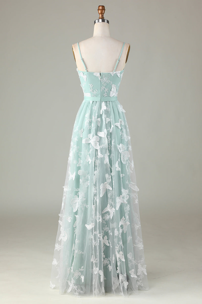 Load image into Gallery viewer, Tulle Spaghetti Straps Matcha Bridesmaid Dress with Appliques