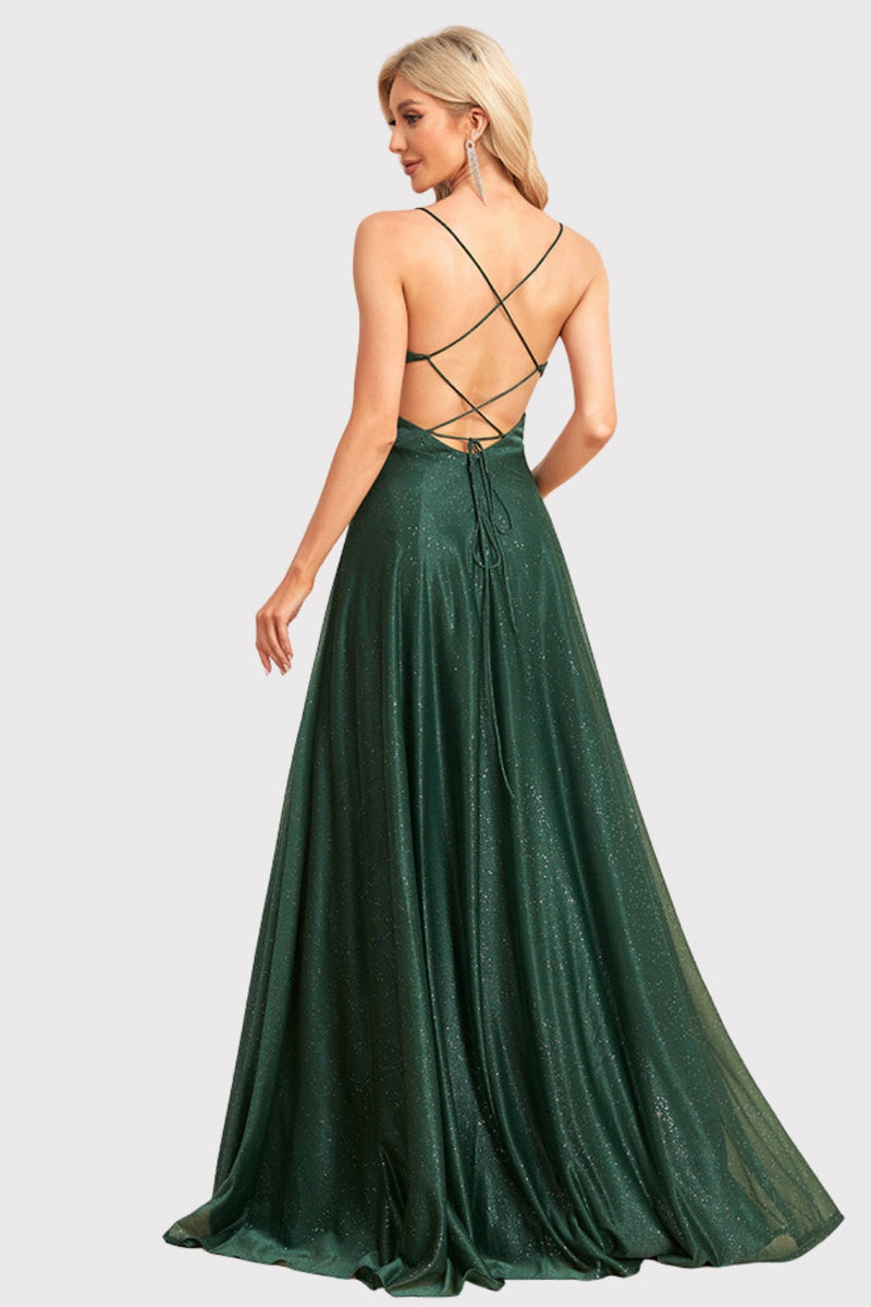 Load image into Gallery viewer, Sparkly Backless Dark Green Long Formal Dress