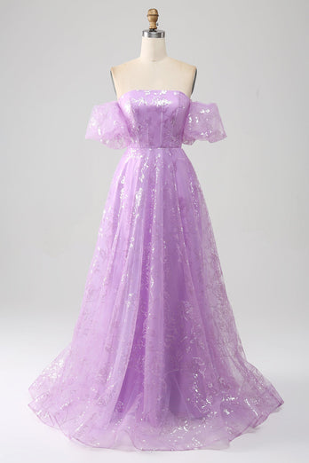 Sparkly Lilac A Line Strapless Long Formal Dress With Embroidery