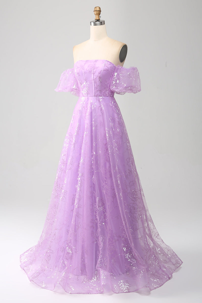 Load image into Gallery viewer, Sparkly Lilac A Line Strapless Long Formal Dress With Embroidery