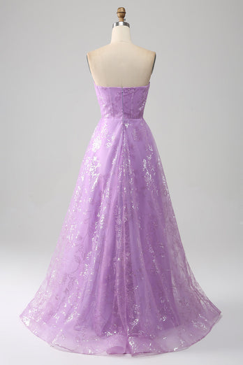 Sparkly Lilac A Line Strapless Long Formal Dress With Embroidery