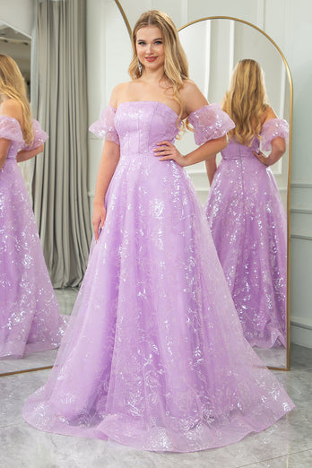 Sparkly Lilac A Line Strapless Long Formal Dress With Embroidery