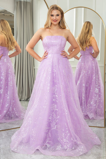 Sparkly Lilac A Line Strapless Long Formal Dress With Embroidery