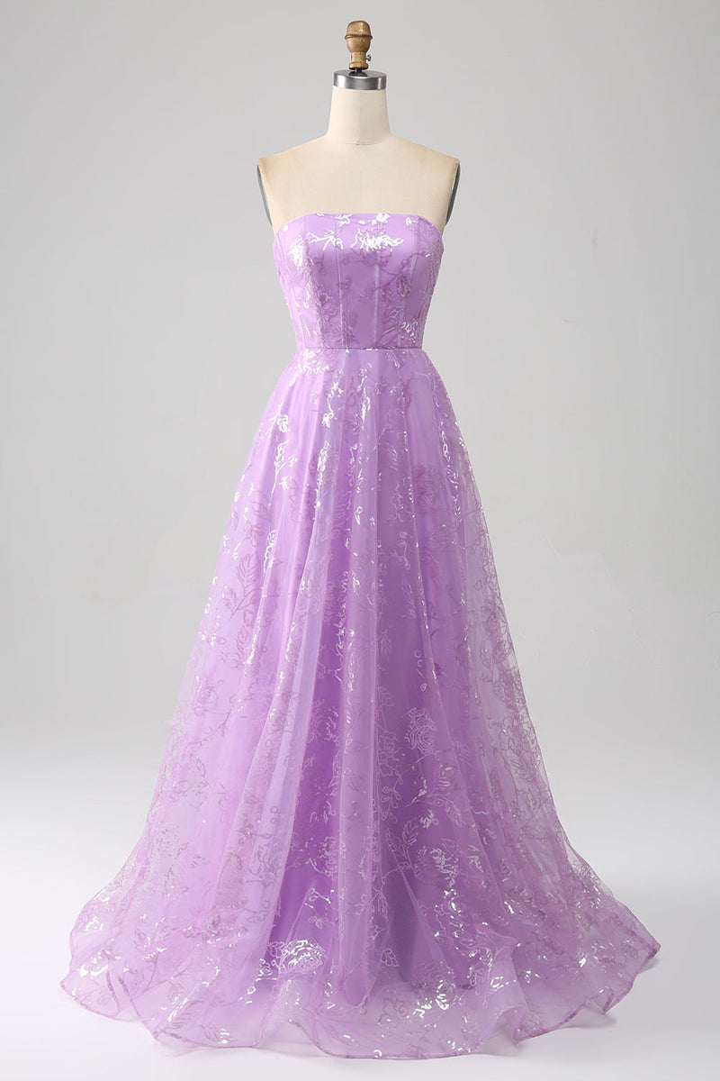 Load image into Gallery viewer, Lilac A Line Strapless Sparkly Sequin Long Formal Dress